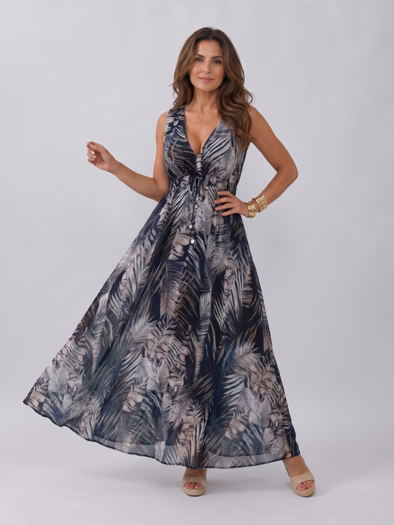 Vestido midi de verão em algodão, sem mangas, com flores, elegante, evasê e comprido.