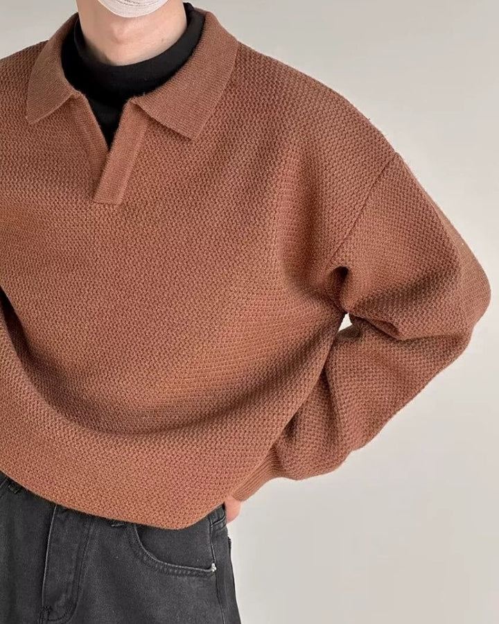 Męski sweter polo dzianinowy o strukturze jesienny