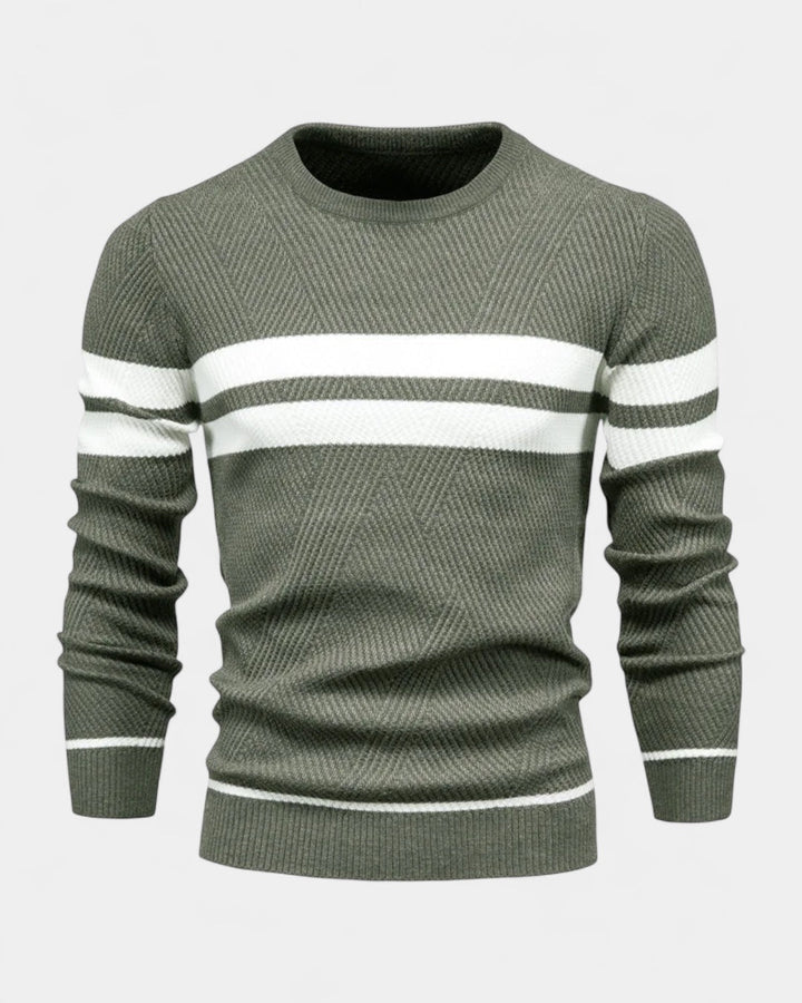 Męski sweter bawełniany w paski okrągły dekolt slim fit jesienny