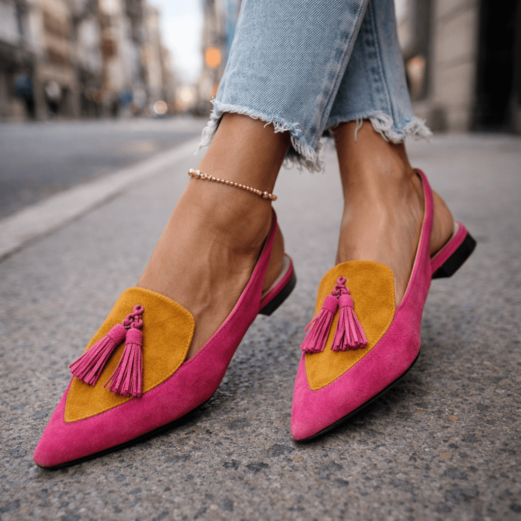 Baleriny damskie slingback na lato ze skóry ekologicznej ze szpiczastym noskiem i pomponami
