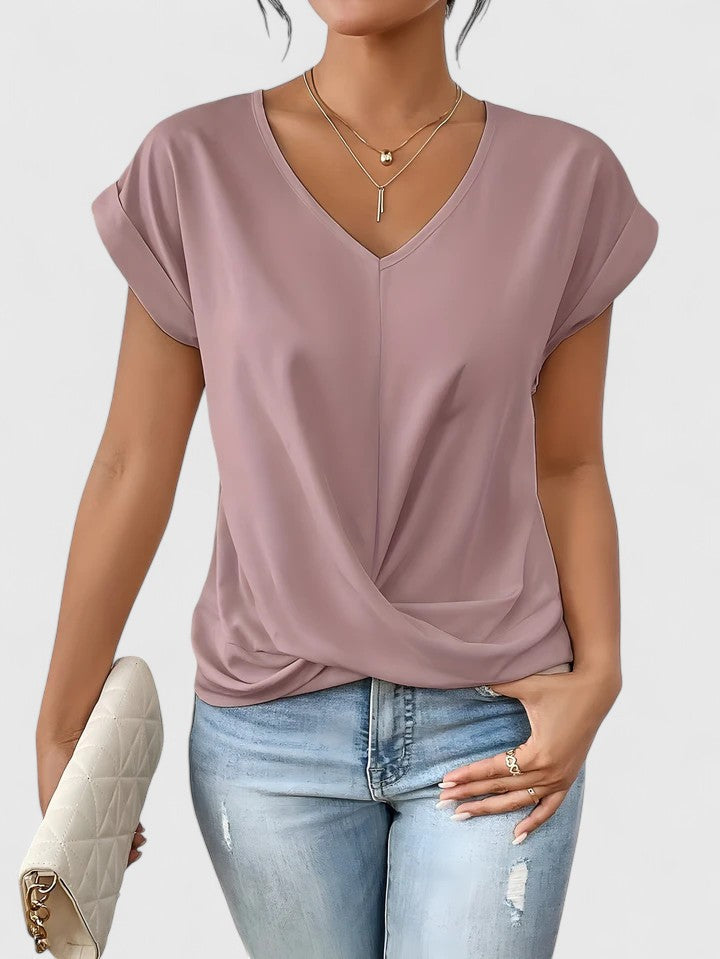 Top feminino de algodão com decote em V, elegante, com detalhe torcido para o outono