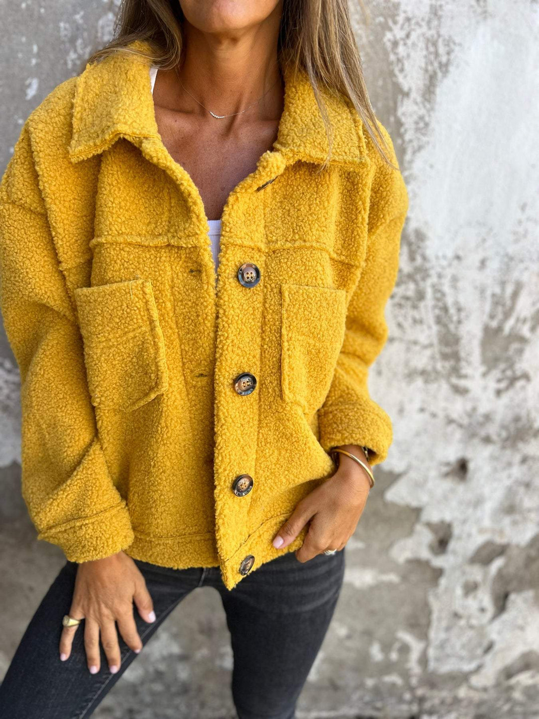 Kurtka damska fleece oversize na jesień i zimę zapinana z kołnierzem casual