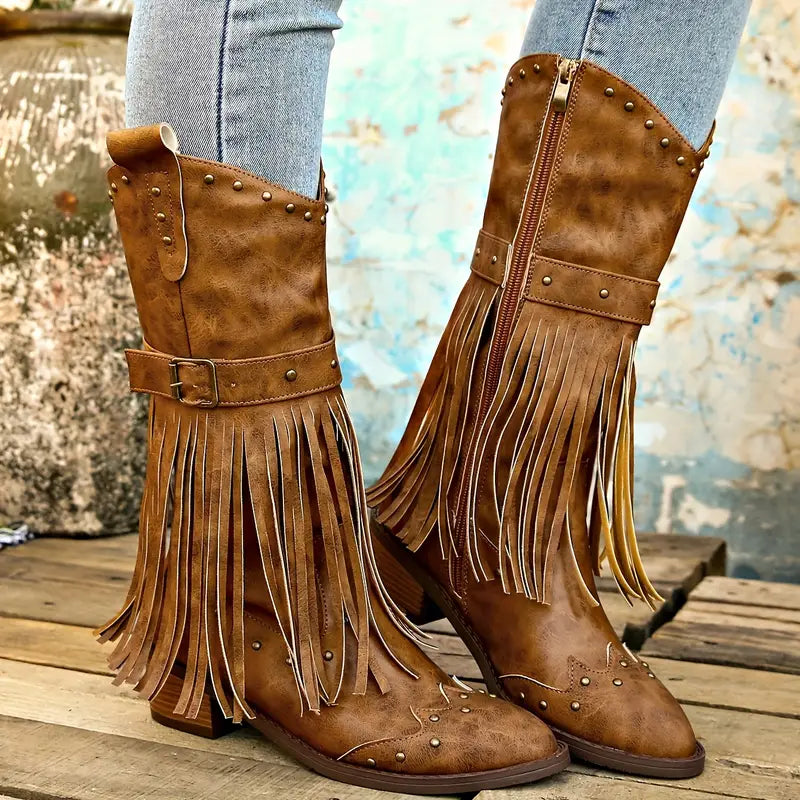 Dámské kožené kotníkové boty jarní kovbojky s třásněmi elegantní casual boho