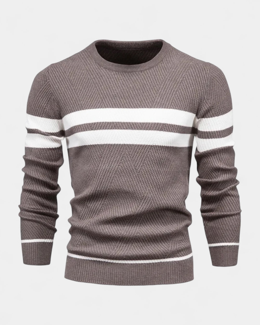 Męski sweter bawełniany w paski okrągły dekolt slim fit jesienny