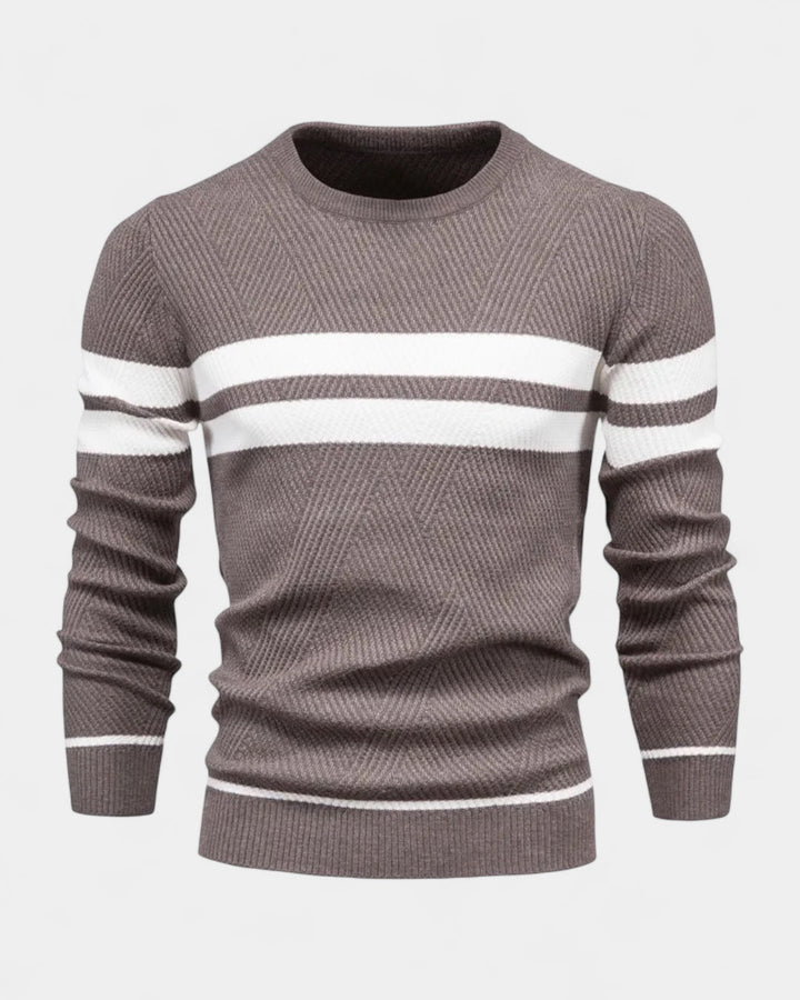 Męski sweter bawełniany w paski okrągły dekolt slim fit jesienny
