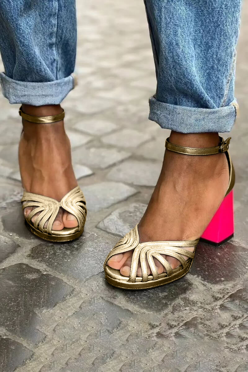 Szpilki damskie na lato z zapięciem na kostkę eleganckie stabilny obcas dwukolorowe