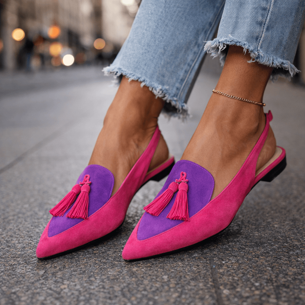 Baleriny damskie slingback na lato ze skóry ekologicznej ze szpiczastym noskiem i pomponami