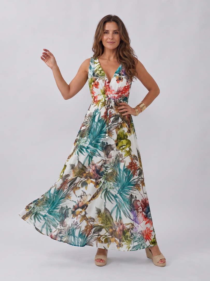 Vestido midi de verão em algodão, sem mangas, com flores, elegante, evasê e comprido.