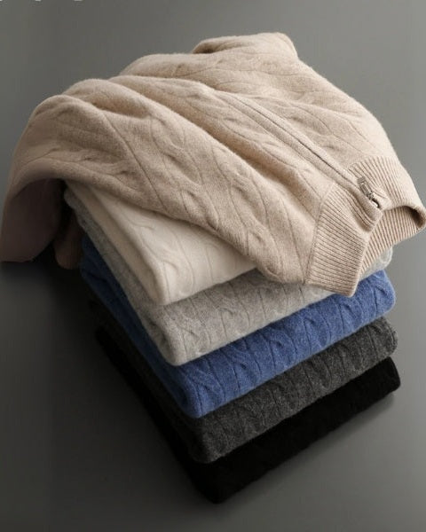 Męski sweter z wełny merino na jesień, dzianinowy sweter z zamkiem do połowy