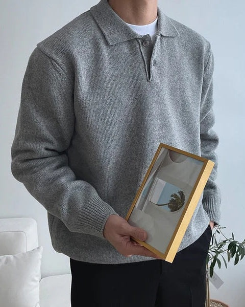 Męski sweter polo bawełniany miękka dzianina jesienny z guzikiem