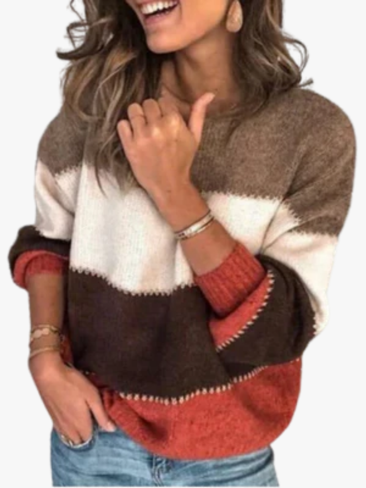 Sweter damski patchworkowy w paski z dzianiny wełnianej na jesień