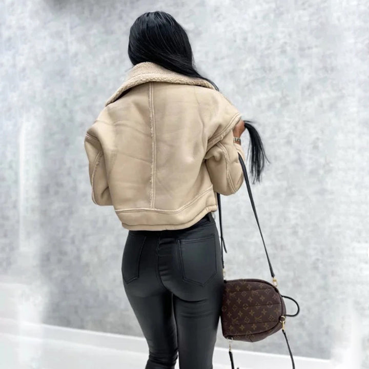 Kurtka damska zimowa shearling ocieplana skórzana stylowa krótka na zimę