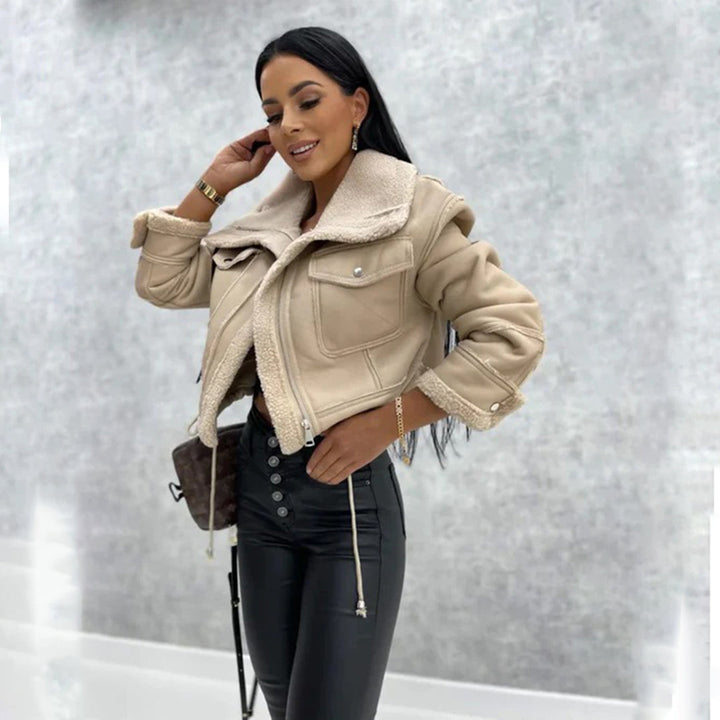 Kurtka damska zimowa shearling ocieplana skórzana stylowa krótka na zimę