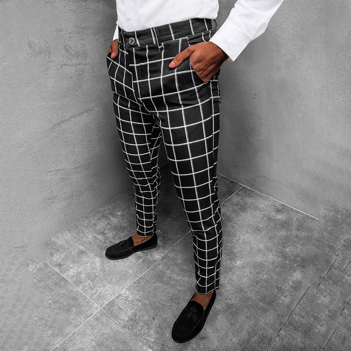 Spodnie męskie eleganckie bawełniane na wiosnę – spodnie slim fit w kratę casualowe