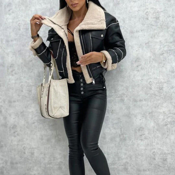 Kurtka damska zimowa shearling ocieplana skórzana stylowa krótka na zimę