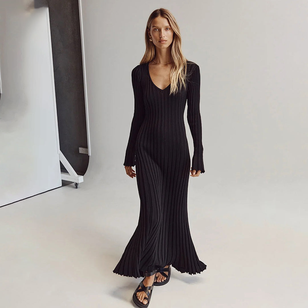 Sukienka damska dzianinowa maxi wiosenna elegancka dopasowana sukienka casualowa