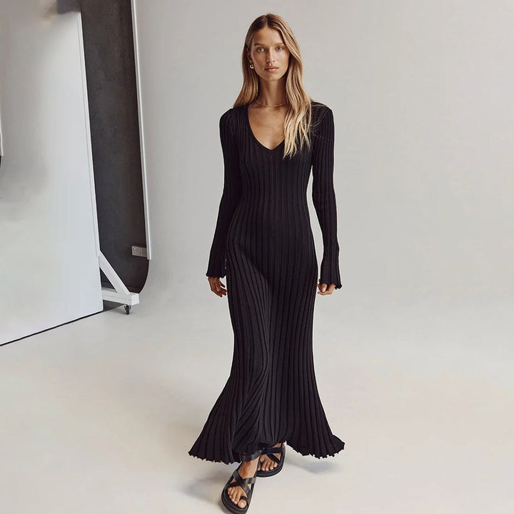 Sukienka damska dzianinowa maxi wiosenna elegancka dopasowana sukienka casualowa