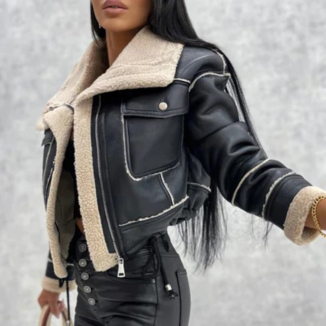 Kurtka damska zimowa shearling ocieplana skórzana stylowa krótka na zimę