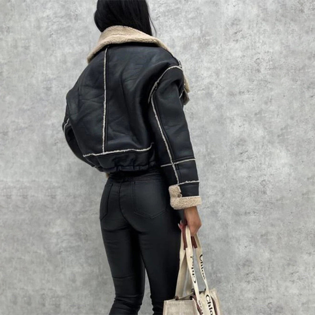 Kurtka damska zimowa shearling ocieplana skórzana stylowa krótka na zimę