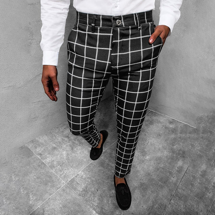 Spodnie męskie eleganckie bawełniane na wiosnę – spodnie slim fit w kratę casualowe