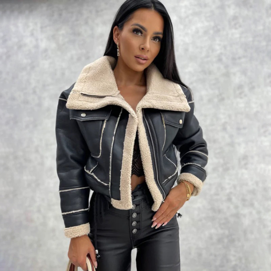 Kurtka damska zimowa shearling ocieplana skórzana stylowa krótka na zimę