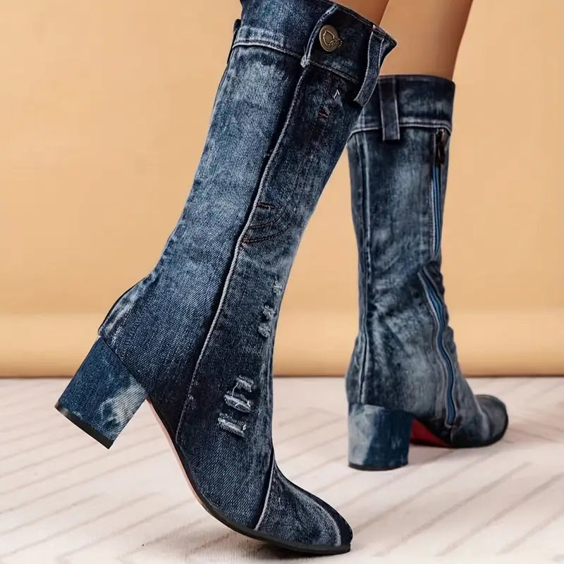 Kozaki damskie jeansowe na słupku wysokie eleganckie wiosenne kowbojki modne