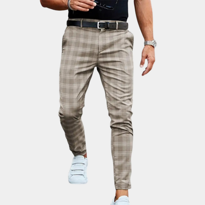 Spodnie męskie bawełniane slim fit eleganckie w kratę na jesień casualowe