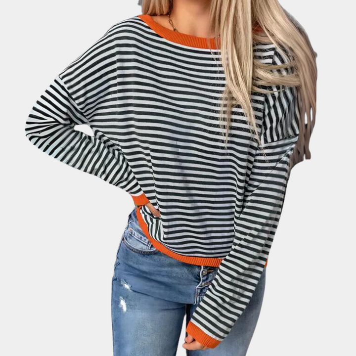 Sweter damski dzianinowy w paski oversize casual na jesień i zimę z rękawem