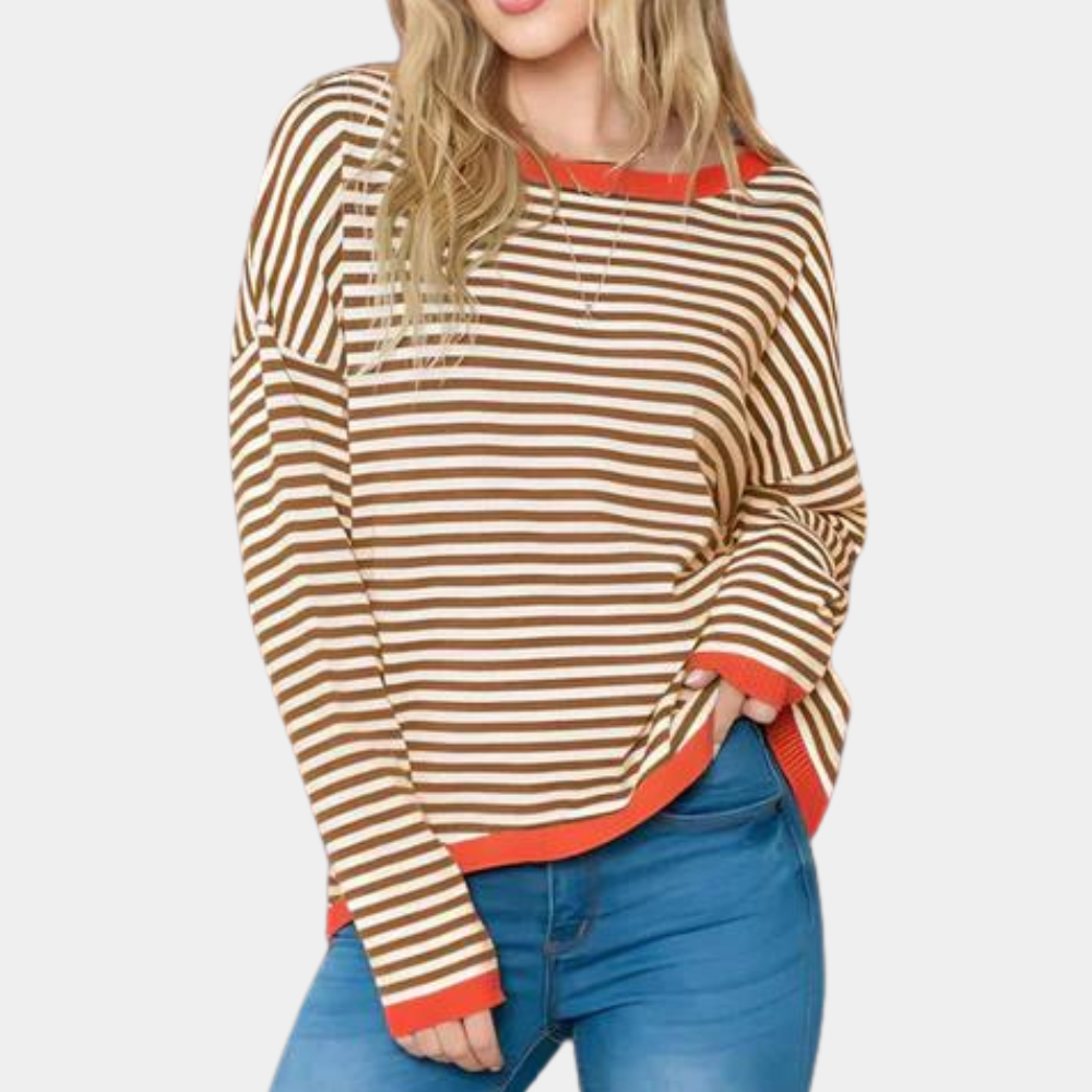 Sweter damski dzianinowy w paski oversize casual na jesień i zimę z rękawem