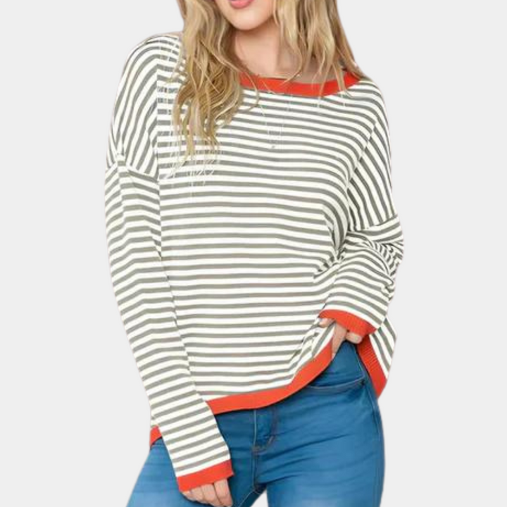 Sweter damski dzianinowy w paski oversize casual na jesień i zimę z rękawem