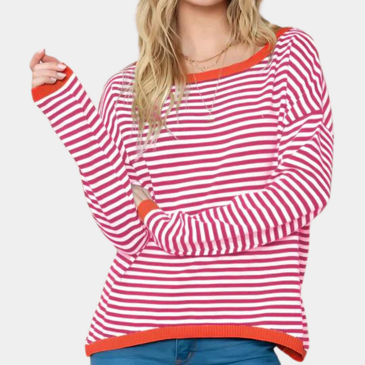 Sweter damski dzianinowy w paski oversize casual na jesień i zimę z rękawem