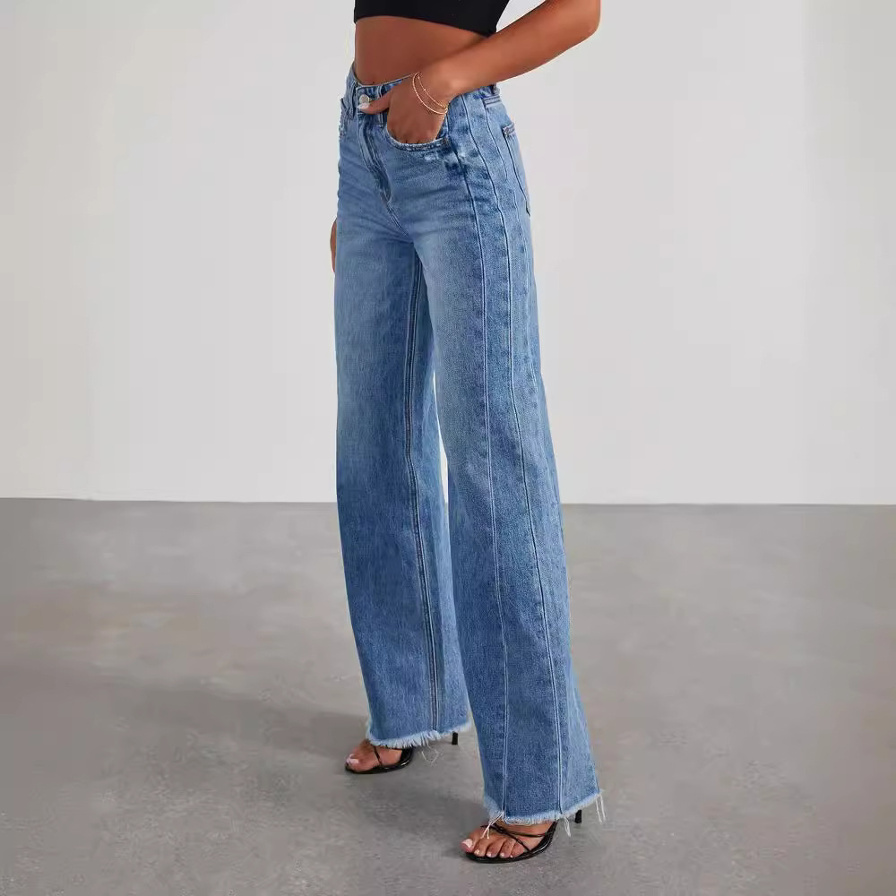 Jeansy damskie bawełniane szerokie nogawki wysoki stan wiosenne spodnie denim casual