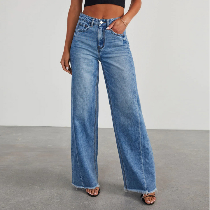 Jeansy damskie bawełniane szerokie nogawki wysoki stan wiosenne spodnie denim casual