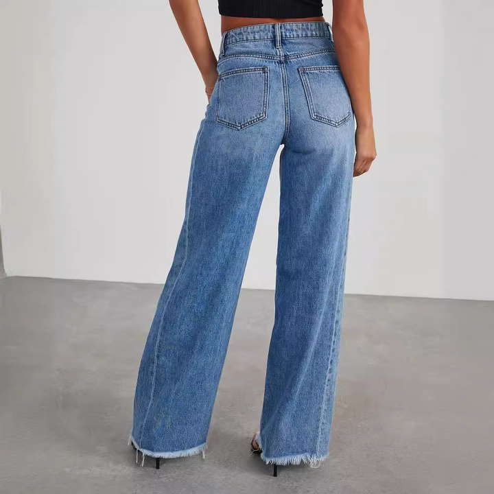 Jeansy damskie bawełniane szerokie nogawki wysoki stan wiosenne spodnie denim casual