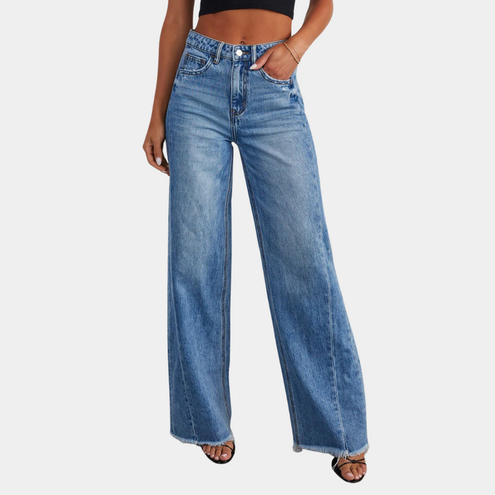 Jeansy damskie bawełniane szerokie nogawki wysoki stan wiosenne spodnie denim casual