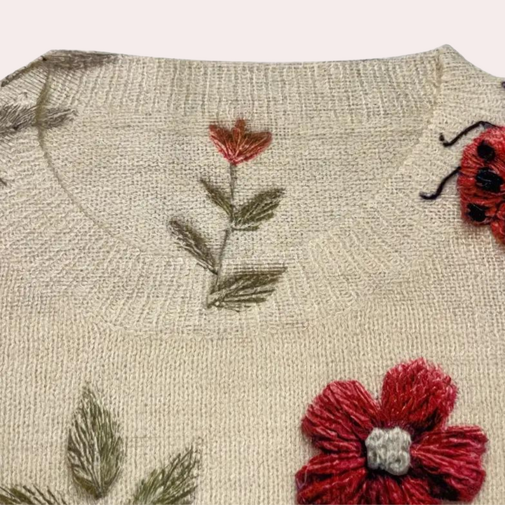Sweter damski dzianinowy oversize na jesień z długim rękawem i kwiatowym wzorem