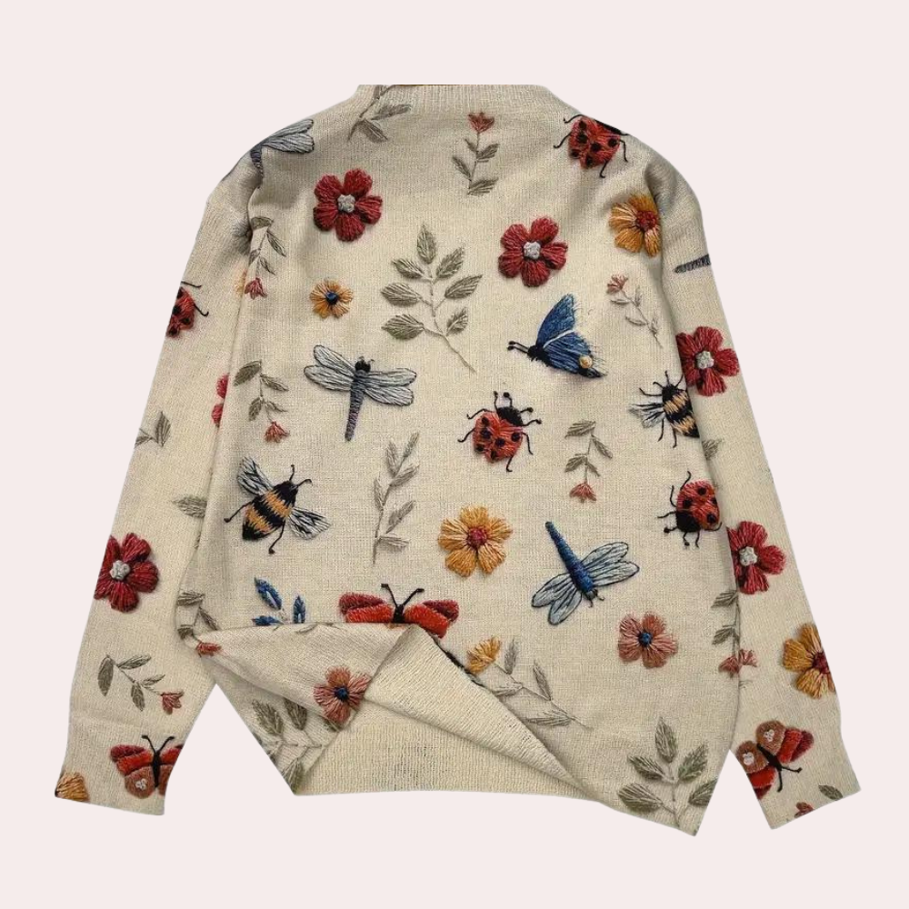 Sweter damski dzianinowy oversize na jesień z długim rękawem i kwiatowym wzorem