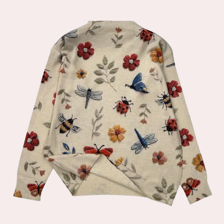 Sweter damski dzianinowy oversize na jesień z długim rękawem i kwiatowym wzorem