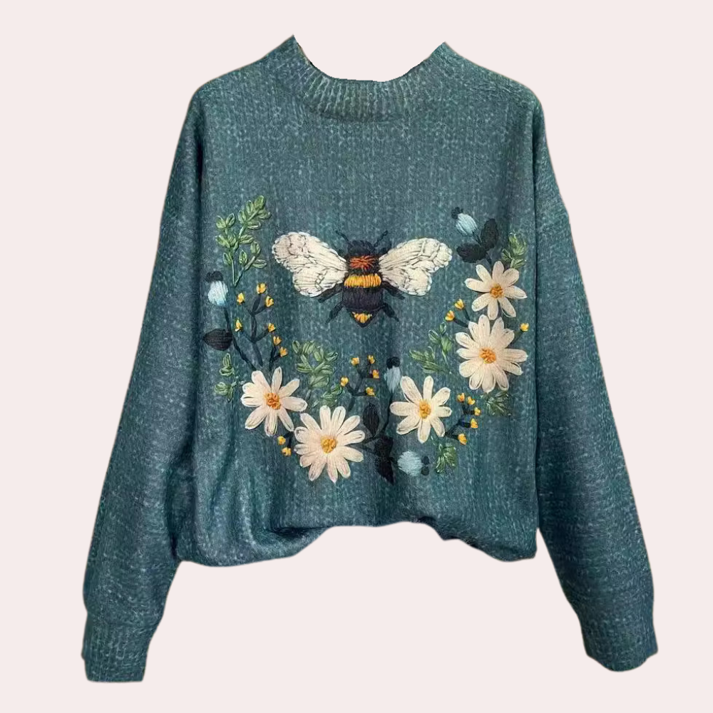 Sweter damski dzianinowy oversize na jesień z długim rękawem i kwiatowym wzorem