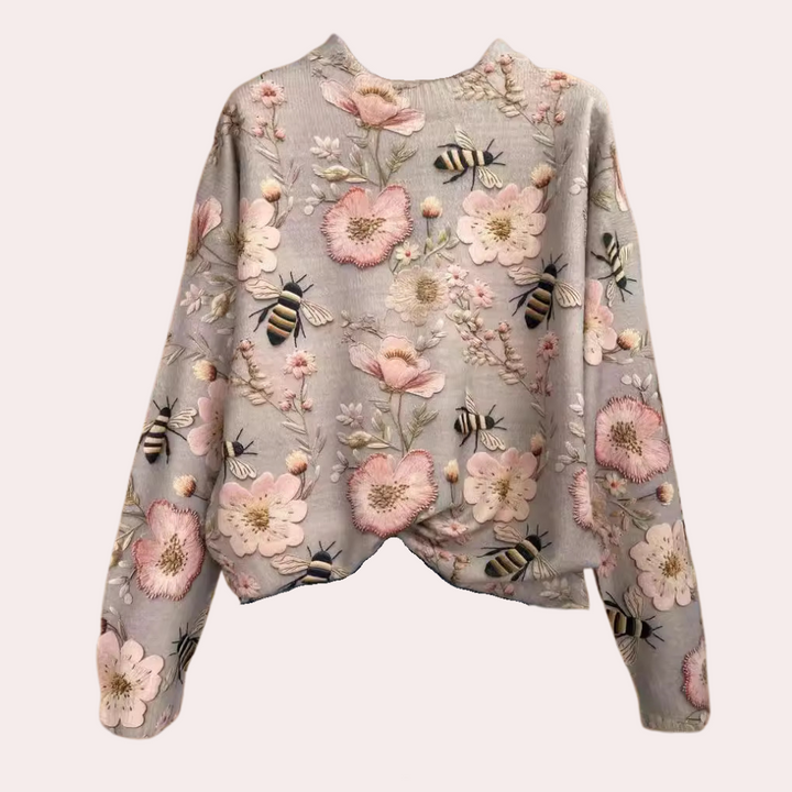 Sweter damski dzianinowy oversize na jesień z długim rękawem i kwiatowym wzorem