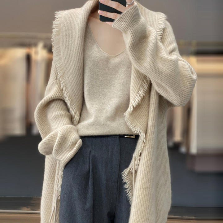 Kardigan damski wełniany oversize dzianinowy na wiosnę i lato elegancki