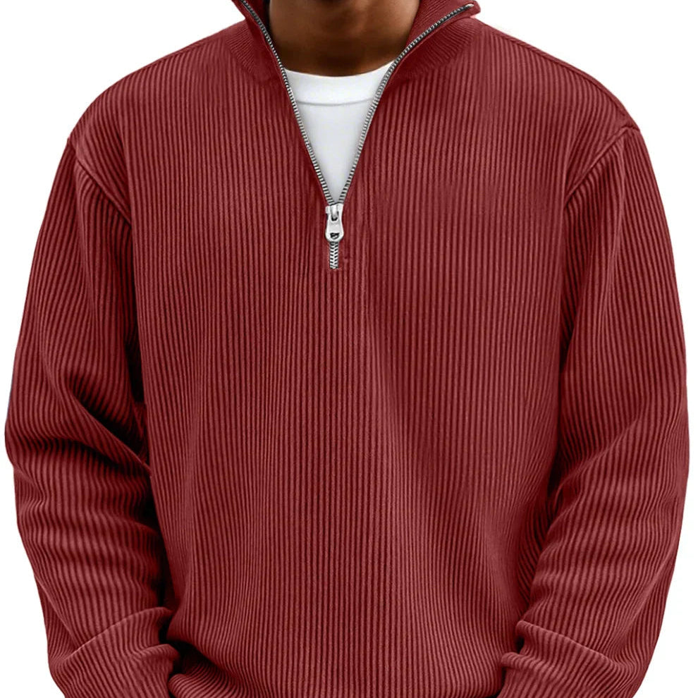 Sweter męski rozpinany pod szyją z dzianiny prążkowanej jesienny