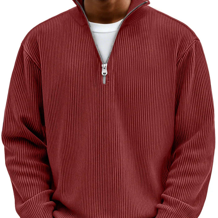Sweter męski rozpinany pod szyją z dzianiny prążkowanej jesienny