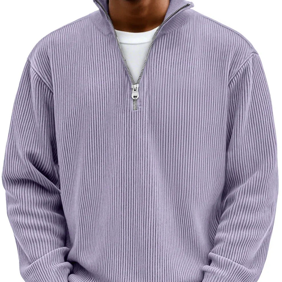 Sweter męski rozpinany pod szyją z dzianiny prążkowanej jesienny
