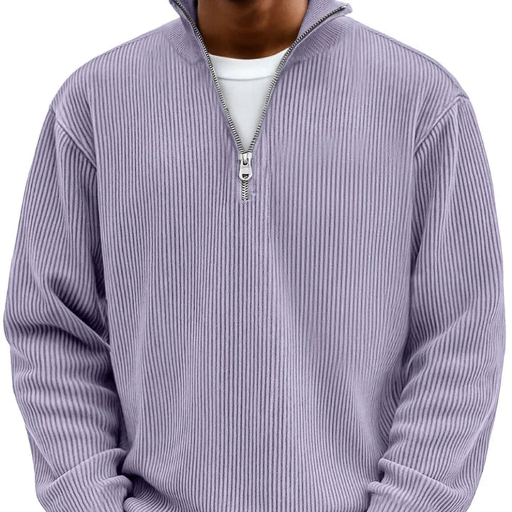 Sweter męski rozpinany pod szyją z dzianiny prążkowanej jesienny