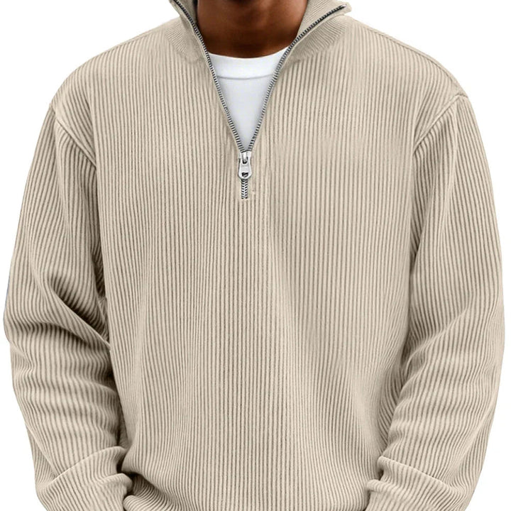 Sweter męski rozpinany pod szyją z dzianiny prążkowanej jesienny