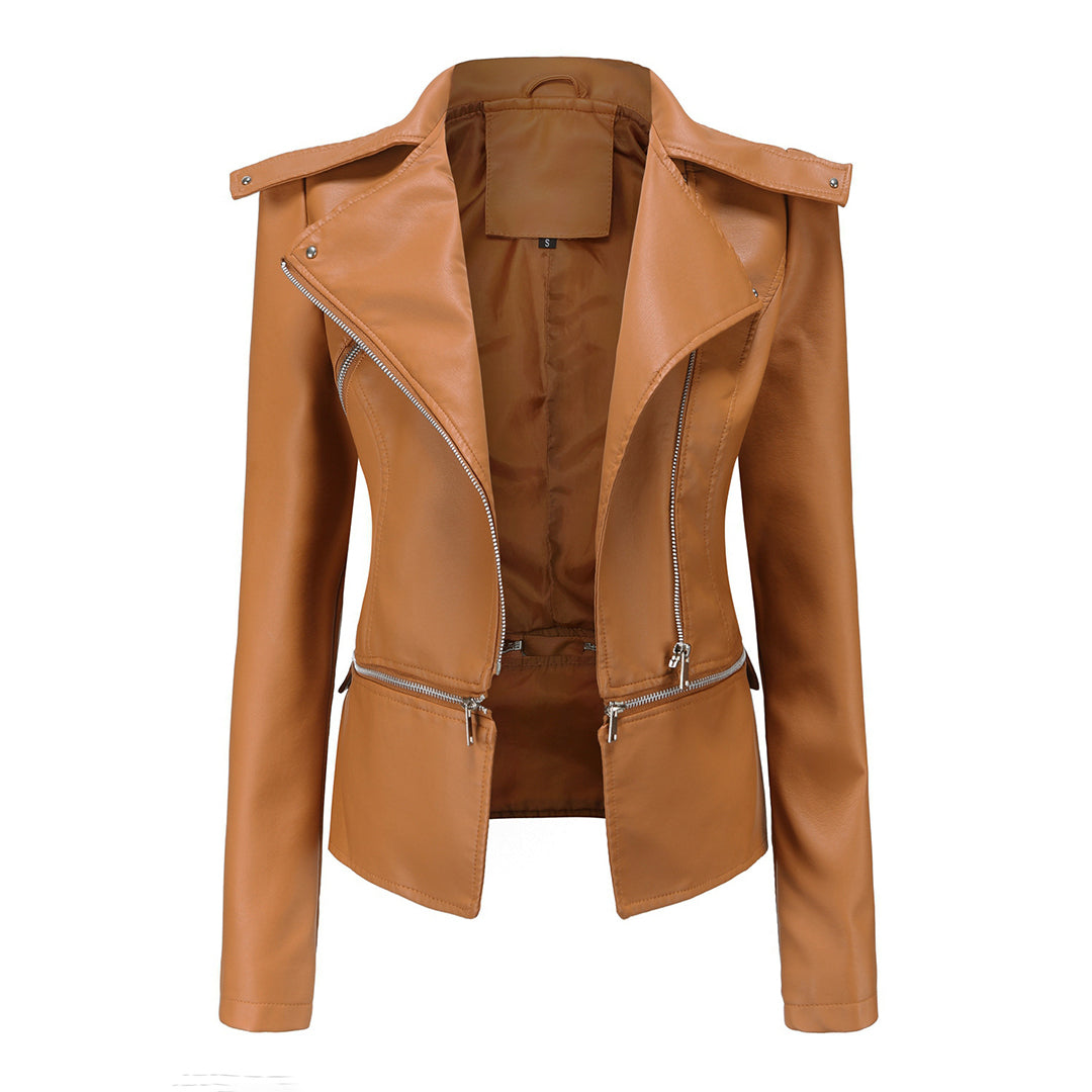 Women's leather biker jacket elegant light spring short stylish jacket
