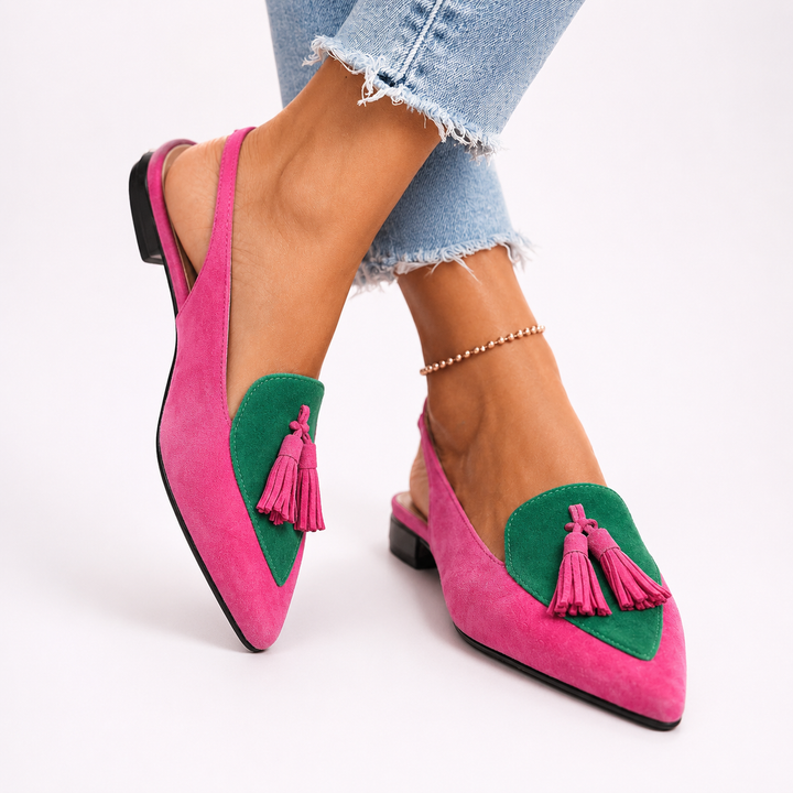 Baleriny damskie slingback na lato ze skóry ekologicznej ze szpiczastym noskiem i pomponami