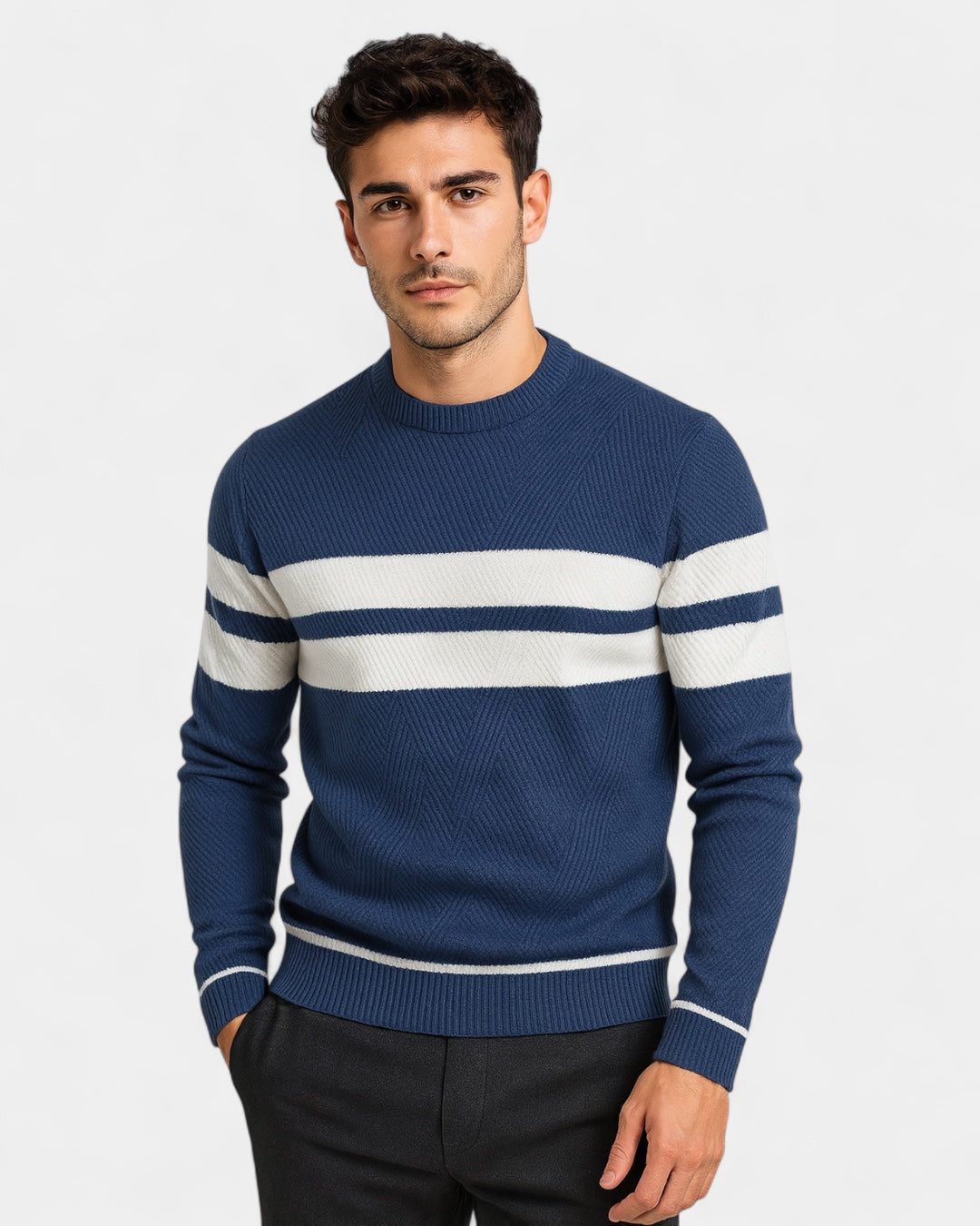 Męski sweter bawełniany w paski okrągły dekolt slim fit jesienny