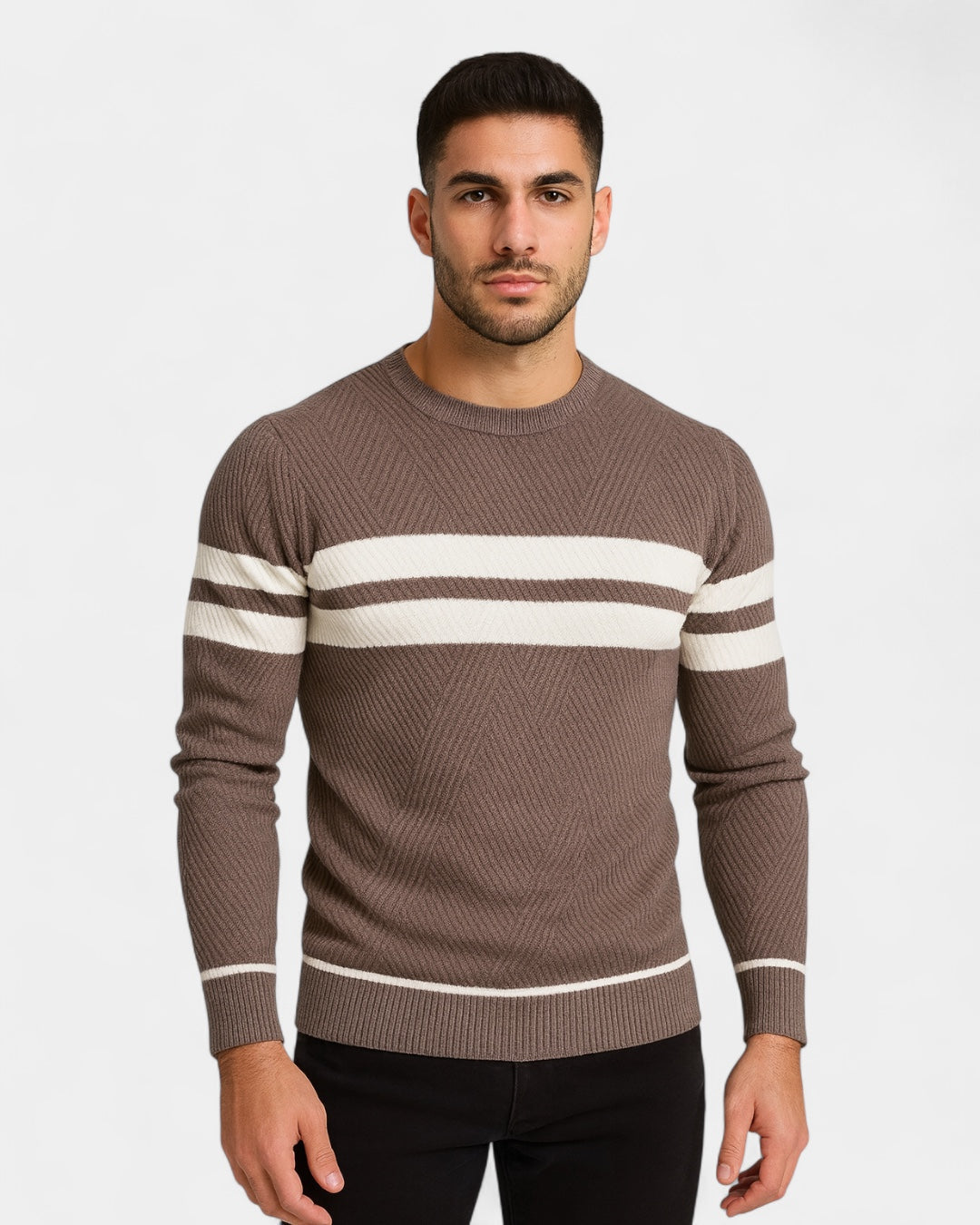 Męski sweter bawełniany w paski okrągły dekolt slim fit jesienny